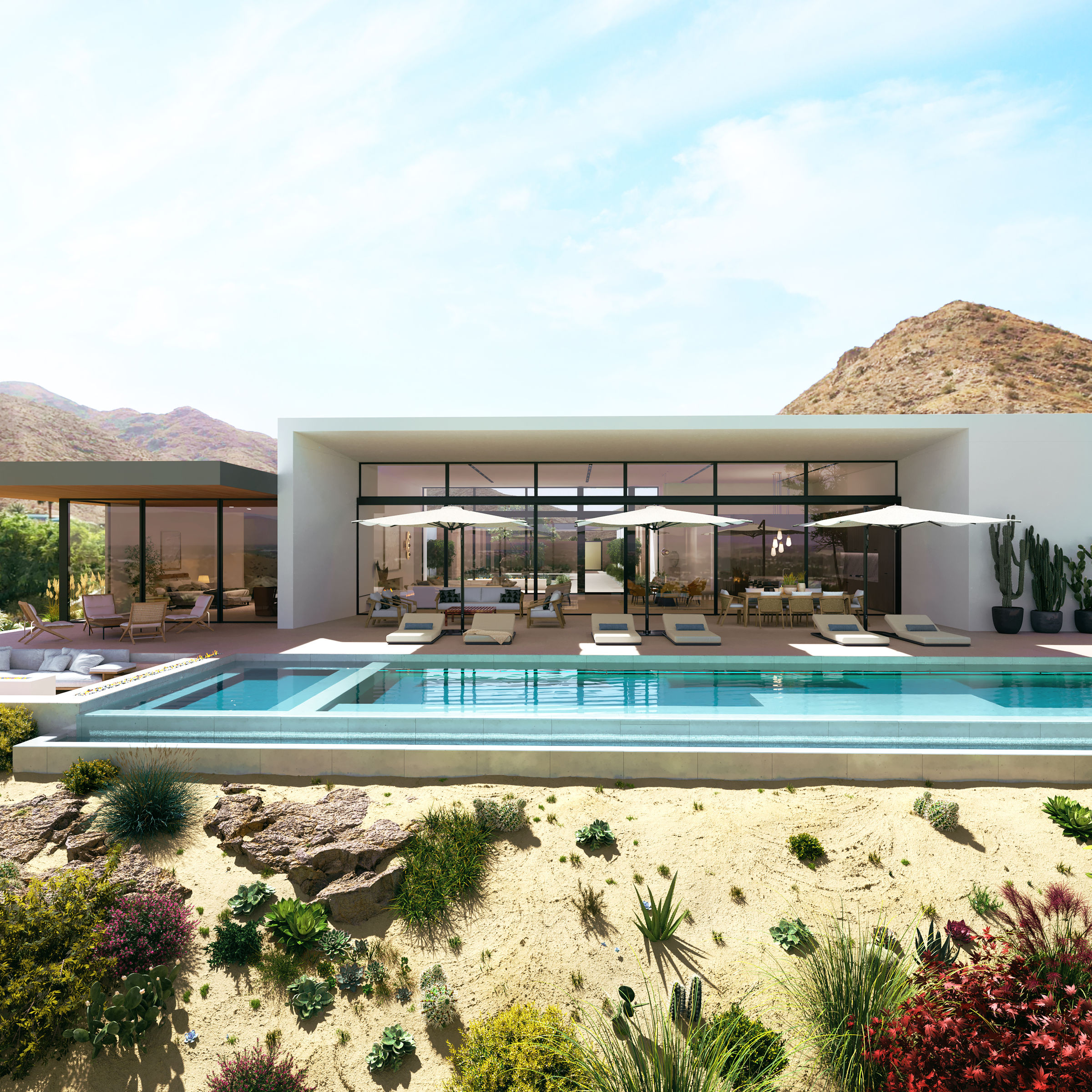 Desert villa pool — architectural 3D rendering
