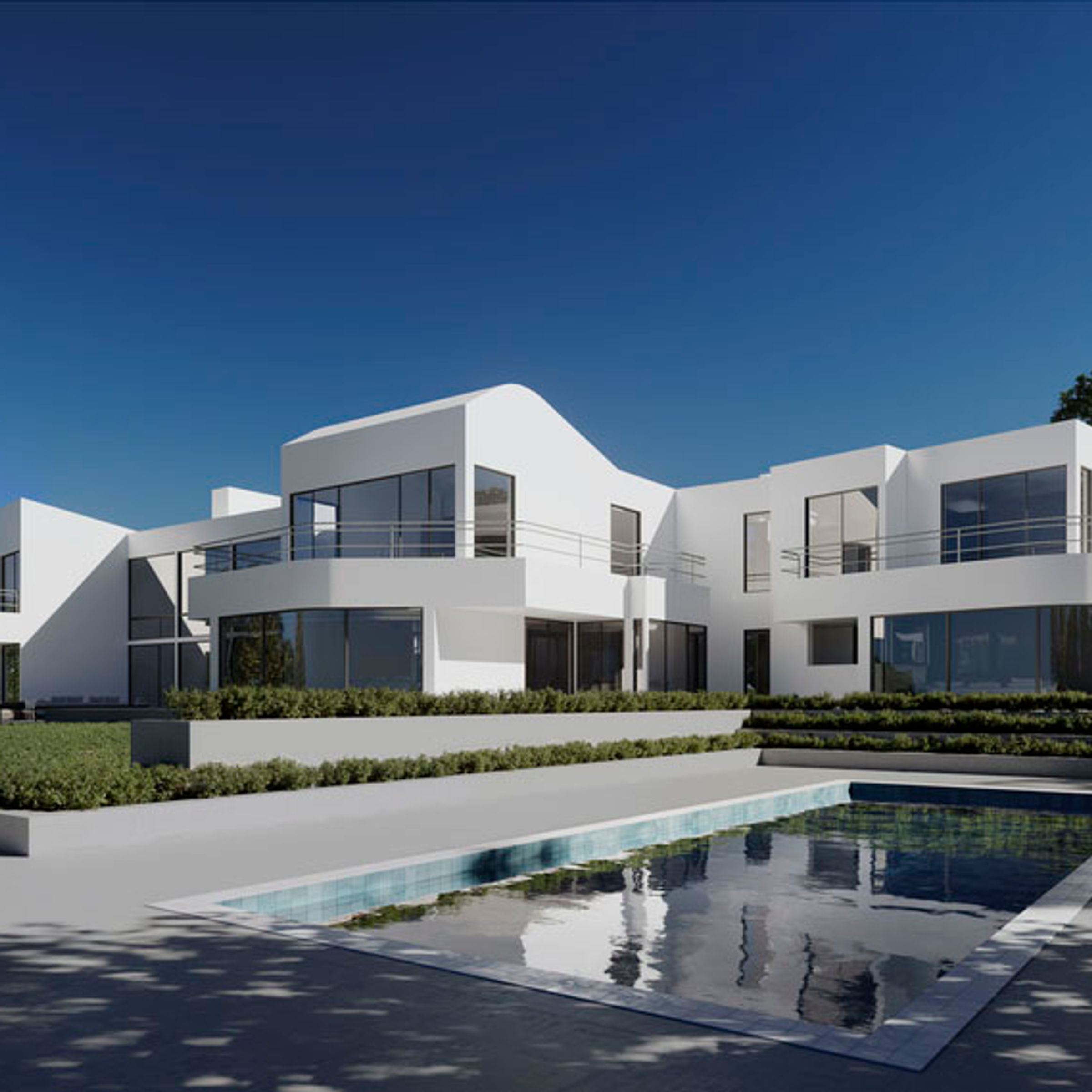 Luxury home exterior at dusk — 3D architectural render