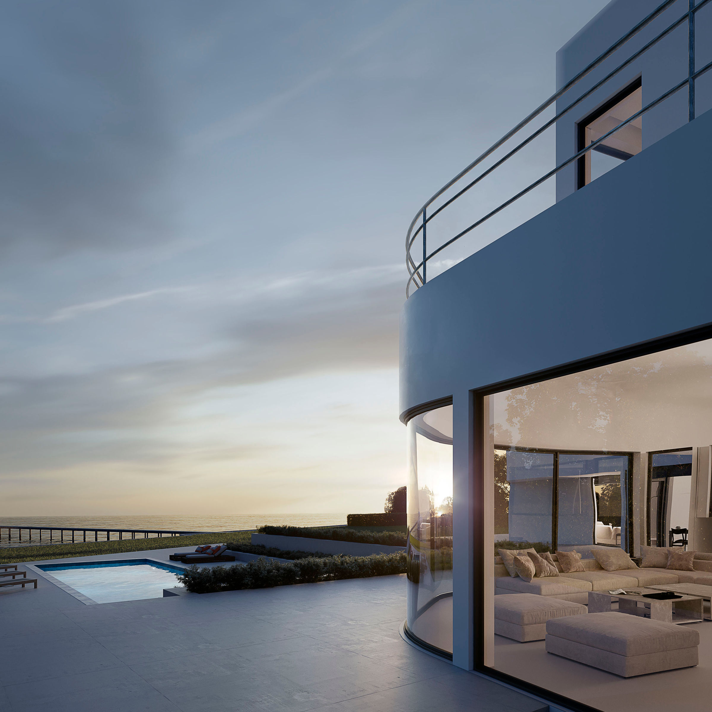 Exterior villa walkway — photorealistic 3D rendering