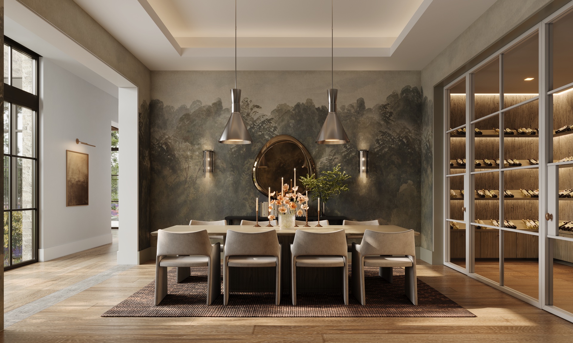 Dining room with panoramic windows — interior visualization