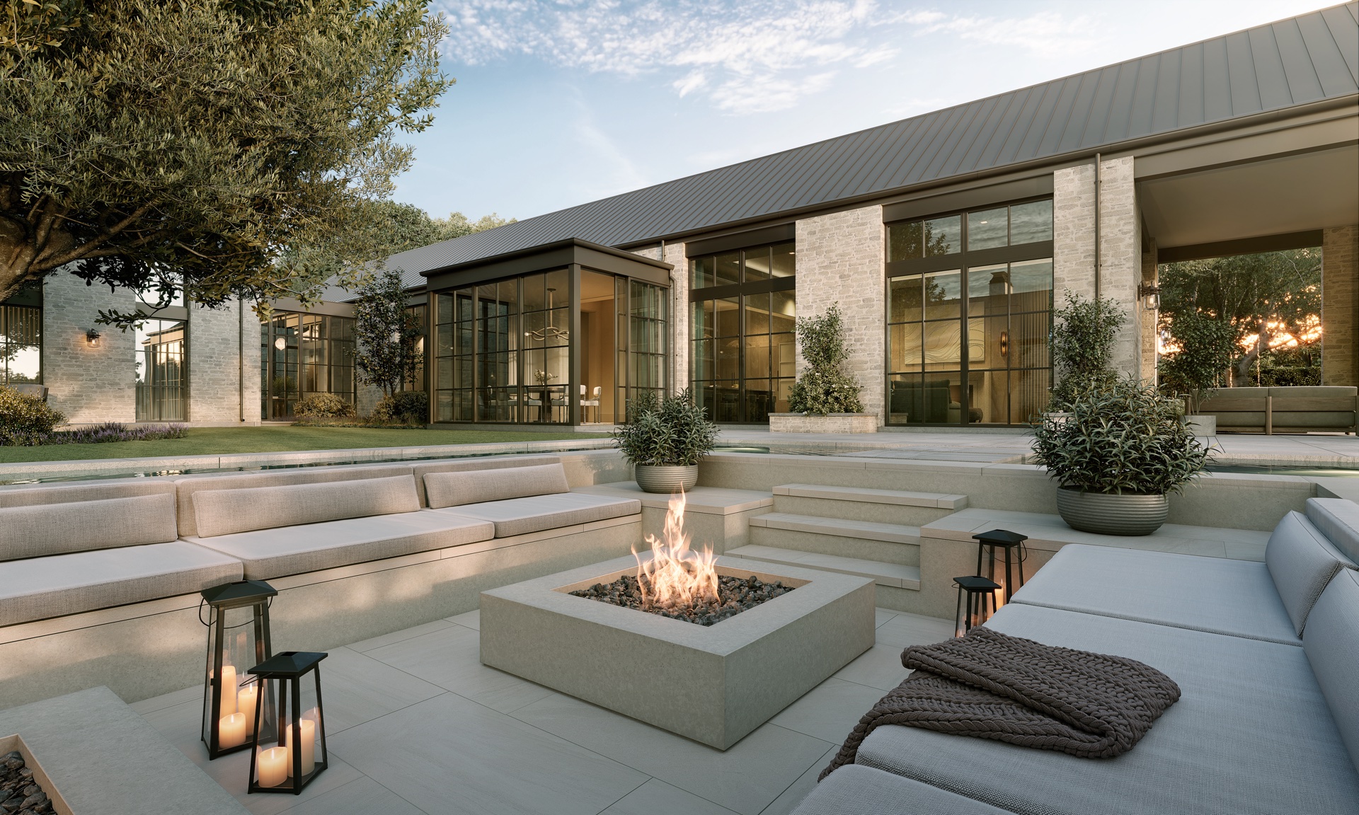 Luxury terrace with fire pit — exterior 3D rendering