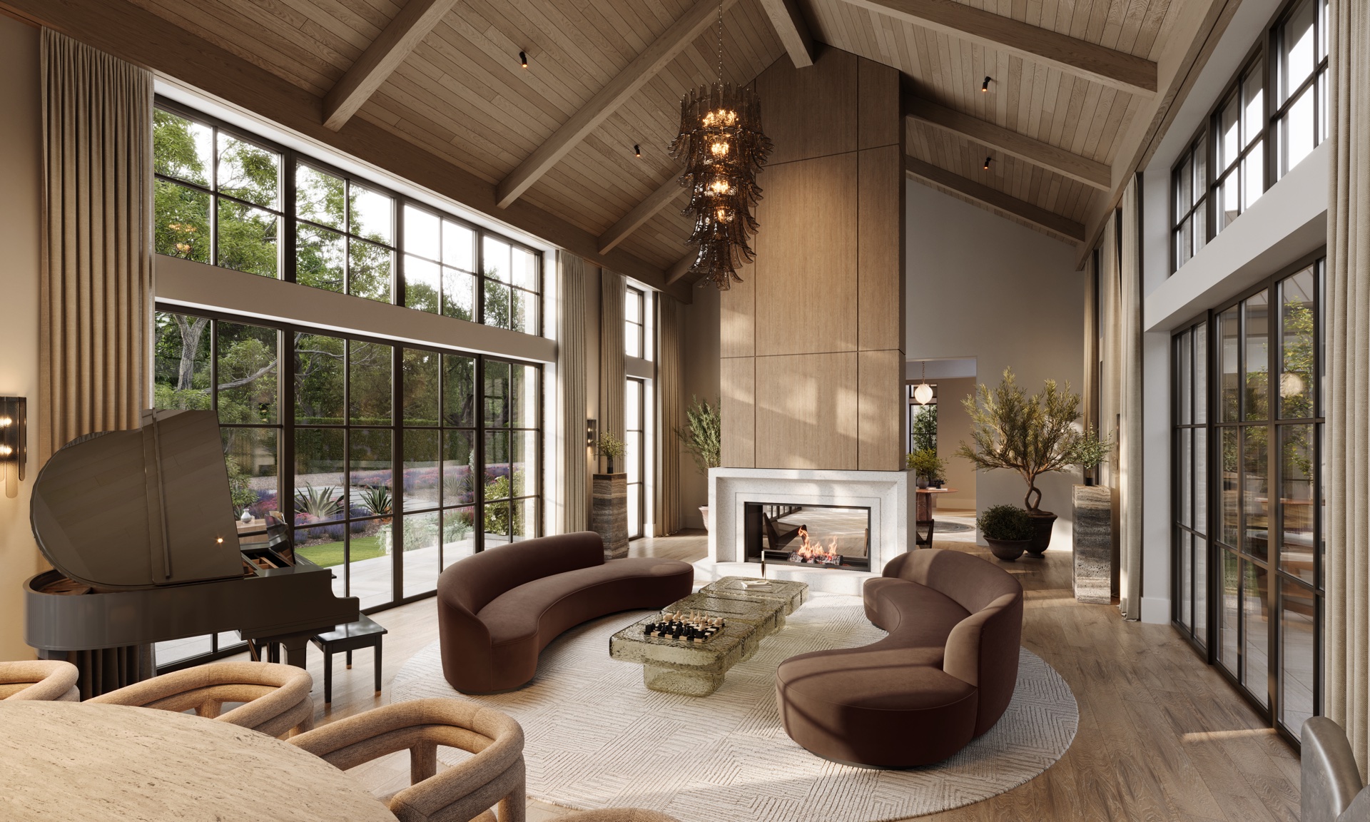 Hotel lobby with fireplace — architectural 3D render