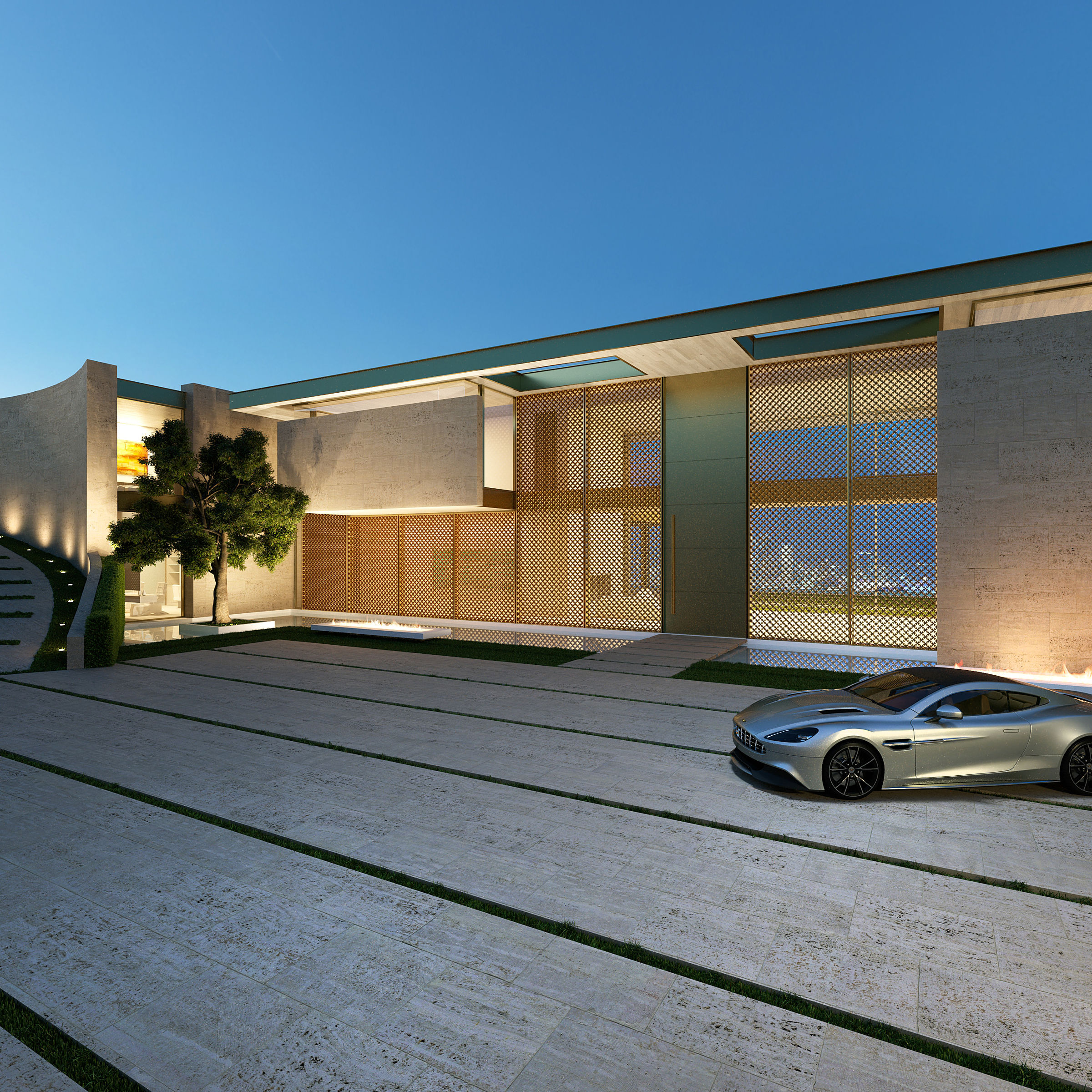 Contemporary villa entrance — architectural 3D rendering