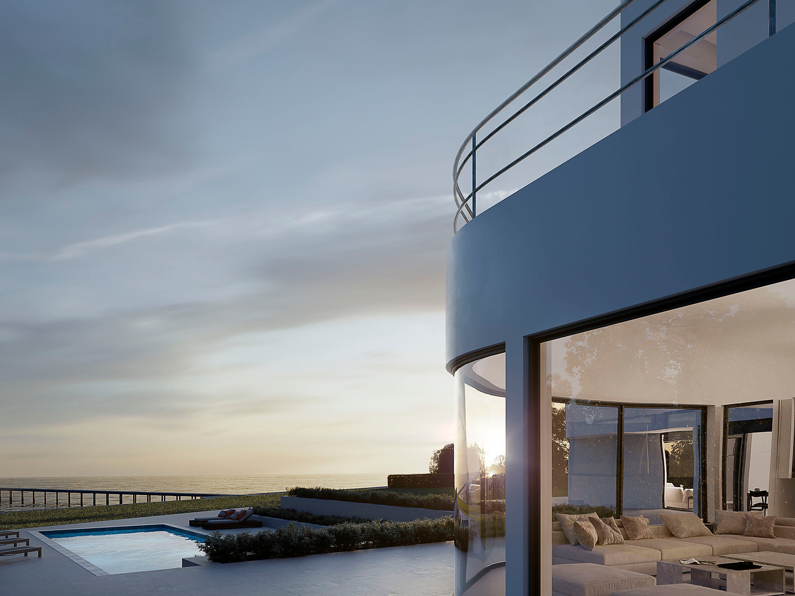Coastal villa at sunset — photorealistic 3D visualization