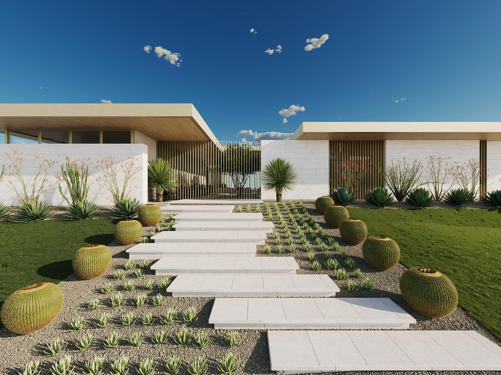 Desert villa entrance steps — architectural 3D render
