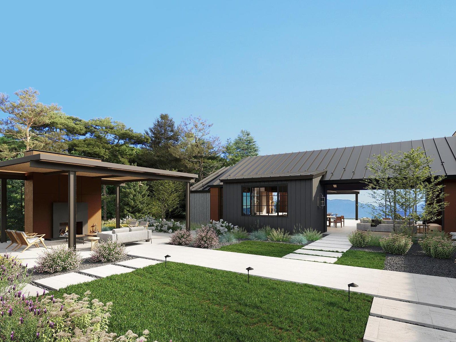 Lake house exterior — architectural 3D rendering