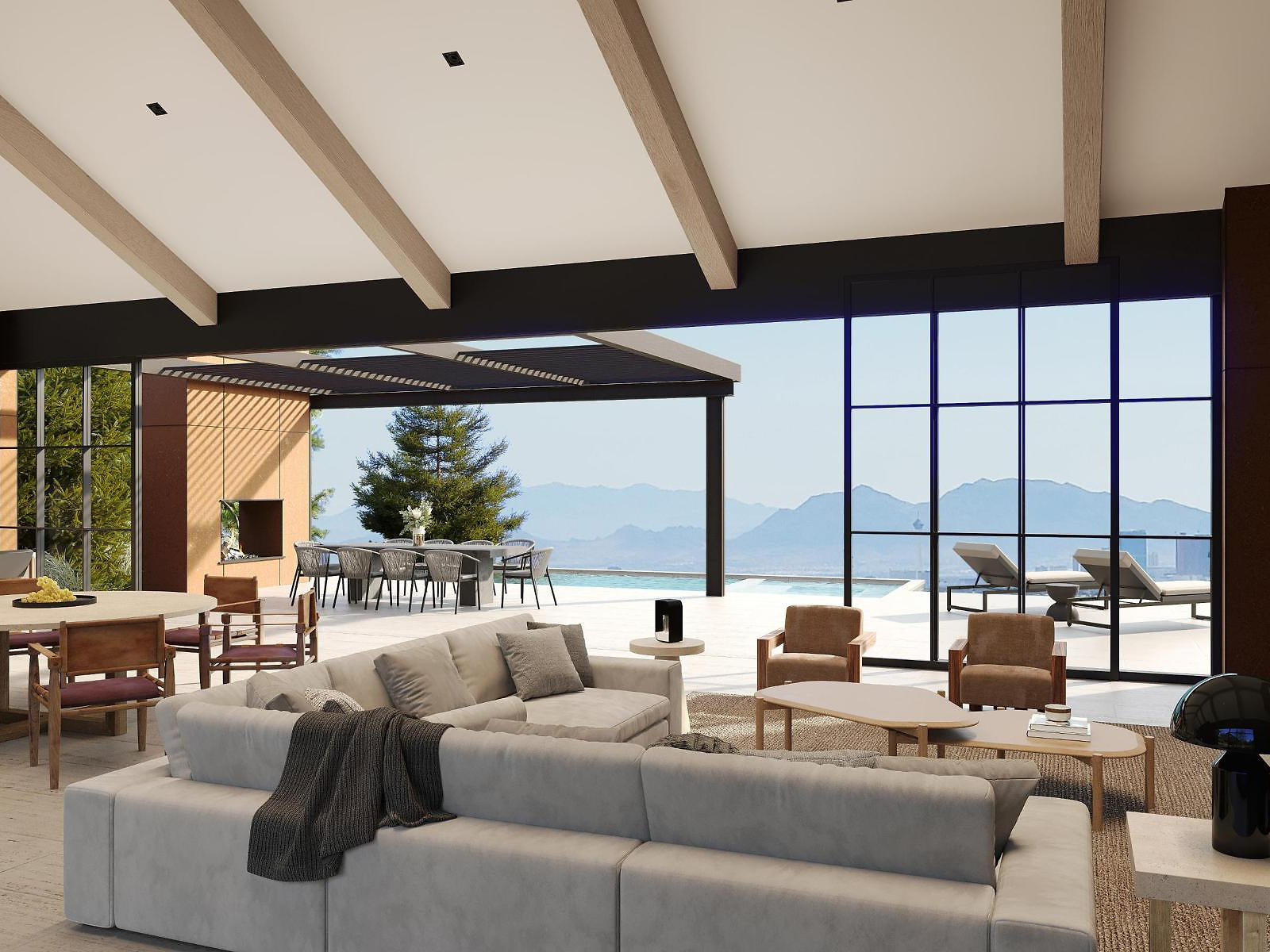 Living room with mountain view — interior 3D rendering