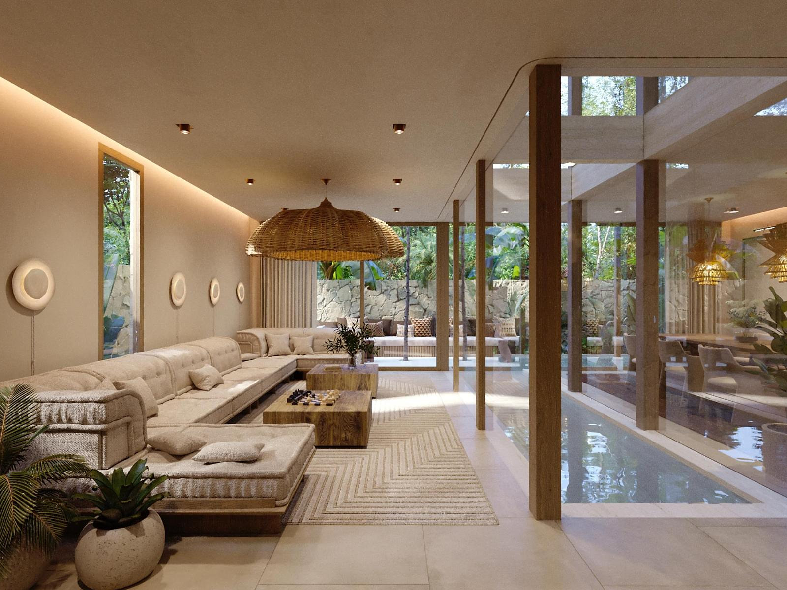 Living room overlooking pool — interior 3D rendering