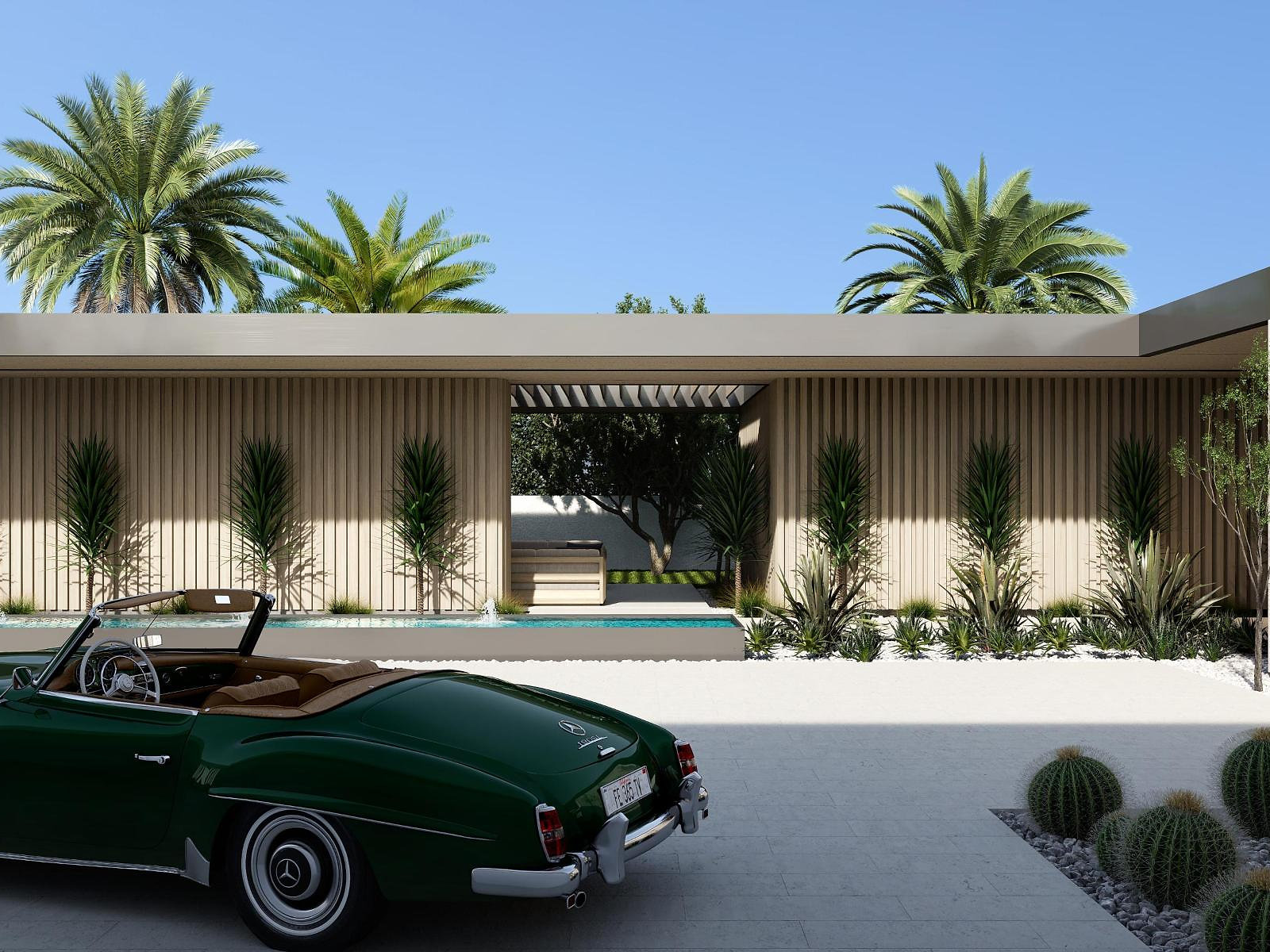 Luxury villa driveway — exterior architectural rendering