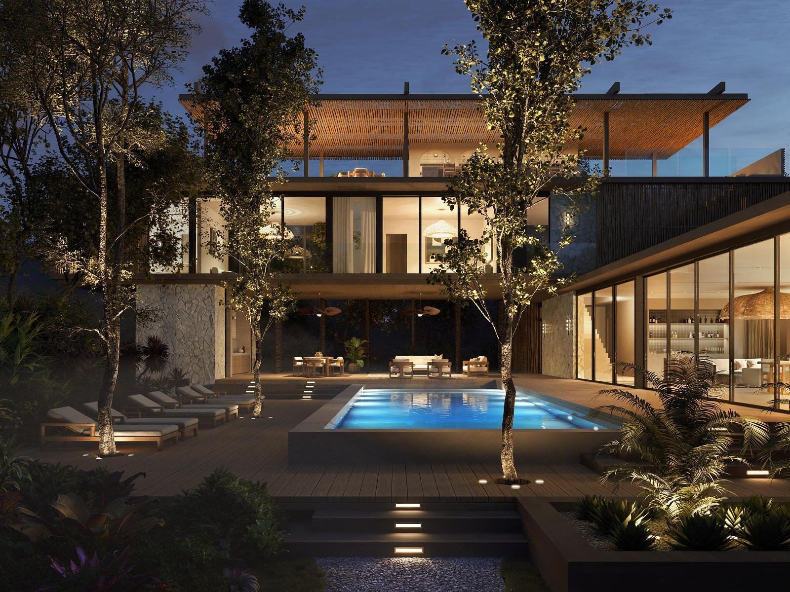 Villa pool at night — exterior 3D visualization
