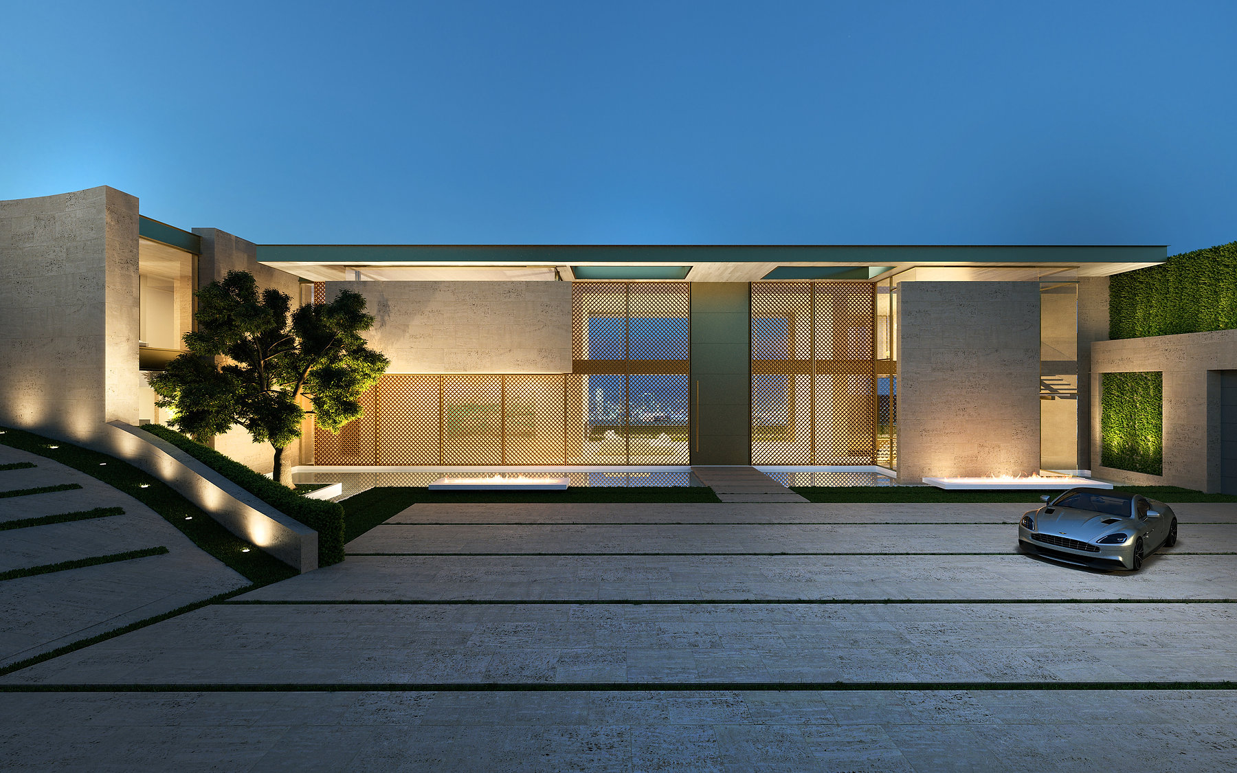 Contemporary villa front facade — exterior 3D rendering
