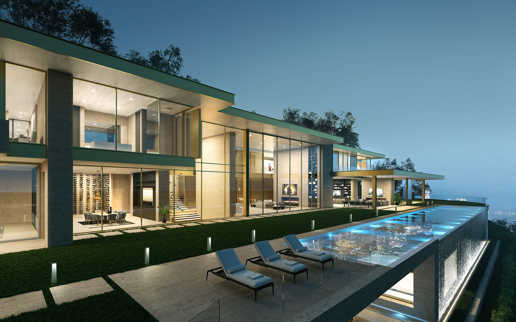 Luxury villa at night with pool — exterior 3D rendering