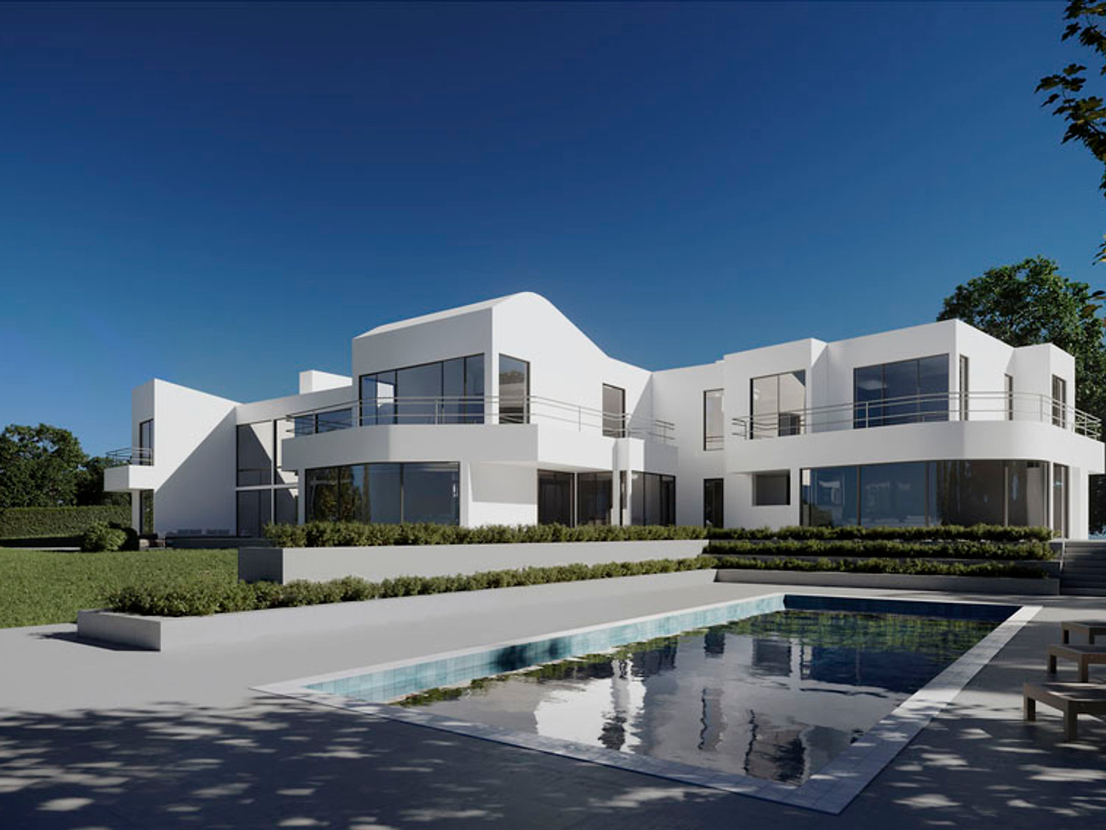 White minimalist villa pool — architectural 3D rendering